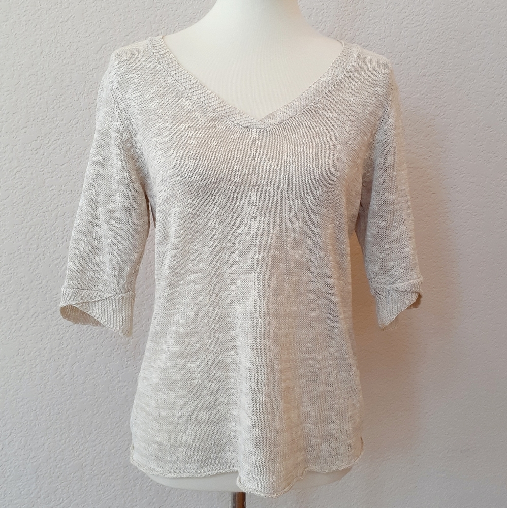 Eileen Fisher Cream V-Neck Lightweight Knit Top